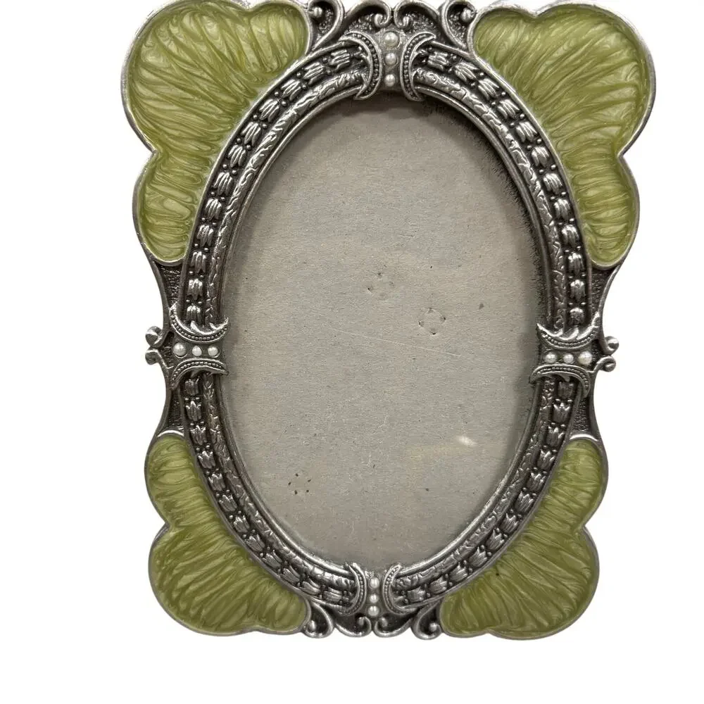 Vintage? Oval Picture Frame 3.75x5.75 Standing Decor Green Resin / Silver Metal